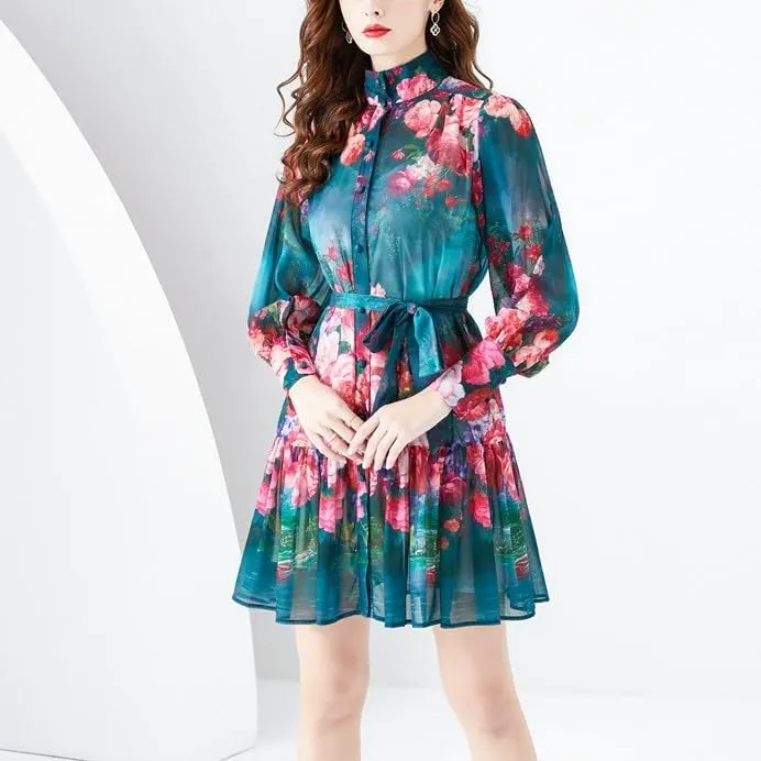 Women's Floral Print Mini Dress Long Lantern Sleeve Flowy Ruffle Casual Button Summer Dresses with Belts