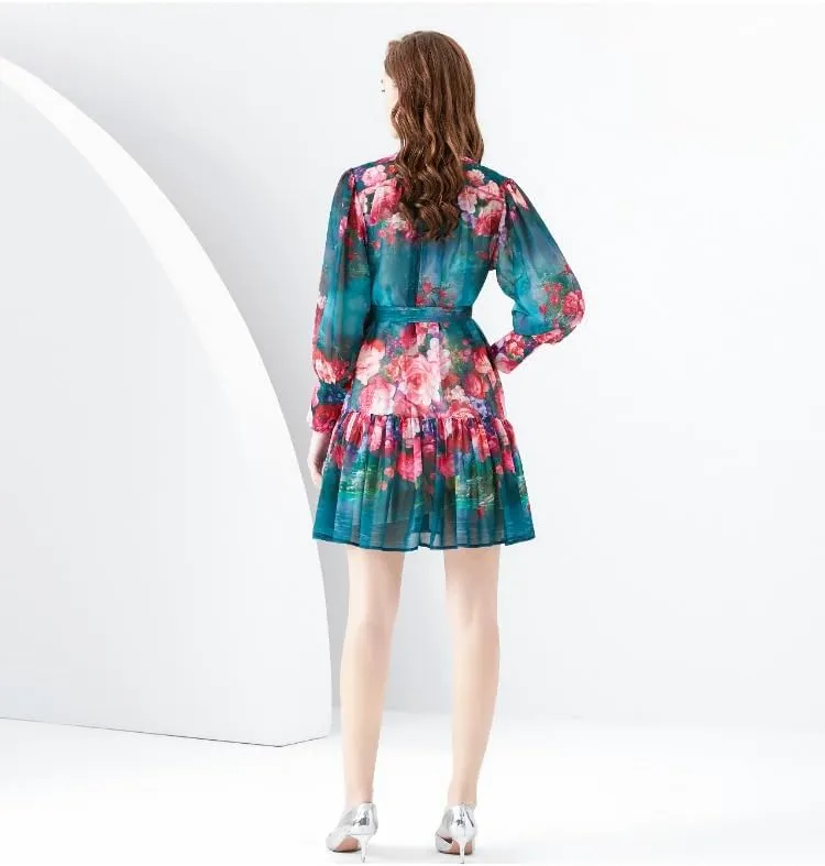 Women's Floral Print Mini Dress Long Lantern Sleeve Flowy Ruffle Casual Button Summer Dresses with Belts