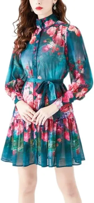 Women's Floral Print Mini Dress Long Lantern Sleeve Flowy Ruffle Casual Button Summer Dresses with Belts