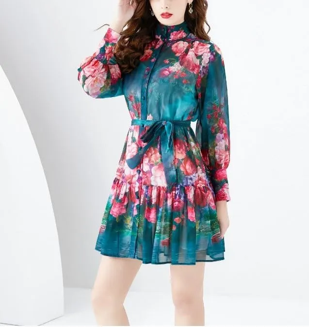 Women's Floral Print Mini Dress Long Lantern Sleeve Flowy Ruffle Casual Button Summer Dresses with Belts