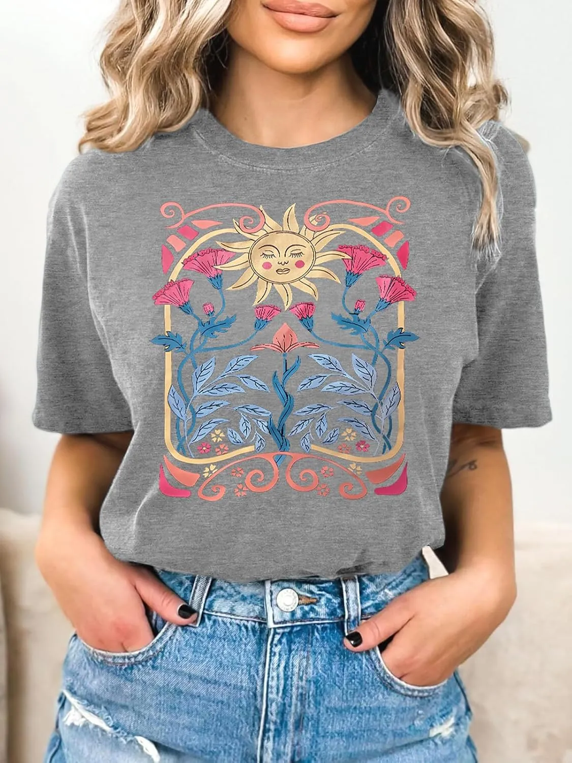 Womens Flower T Shirt Vintage Wildflowers Printed Graphic Tee Casual Botanical Short Sleeve
