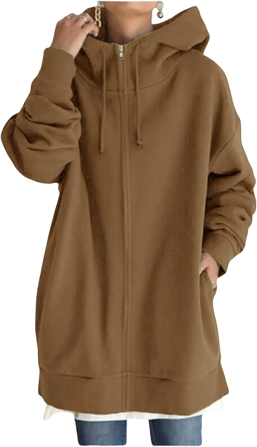 Womens Full Zip Hoodie Oversized Long Sleeve Fleece Sweatshirt Jacket Casual Loose Long Hoodies Winter Outfits