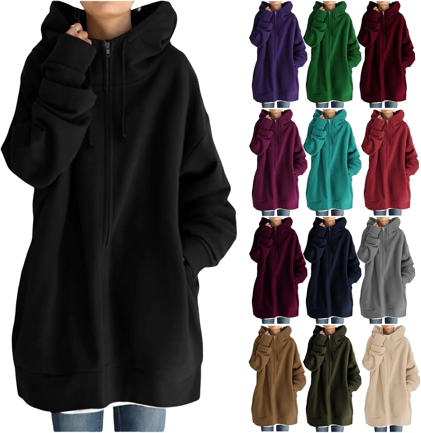 Womens Full Zip Hoodie Oversized Long Sleeve Fleece Sweatshirt Jacket Casual Loose Long Hoodies Winter Outfits