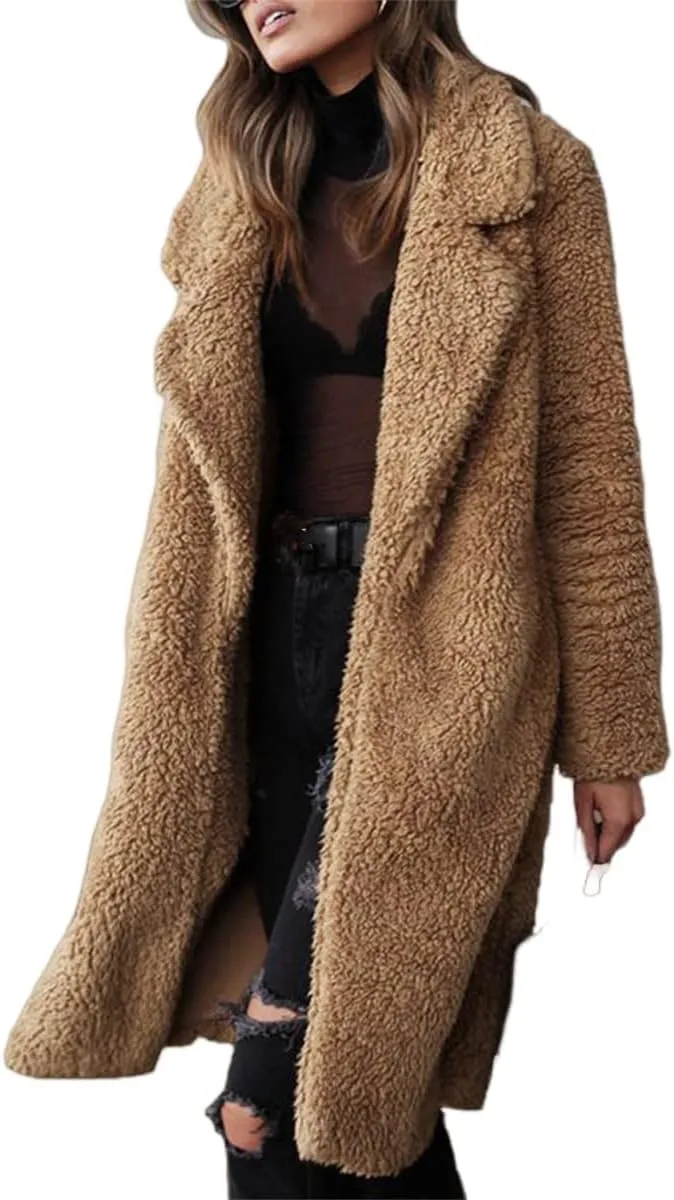 Women's Fuzzy Fleece Jackets Open Front Long Cardigan Casual Lapel Trench Coats Faux Fur Warm Coats Winter Coats