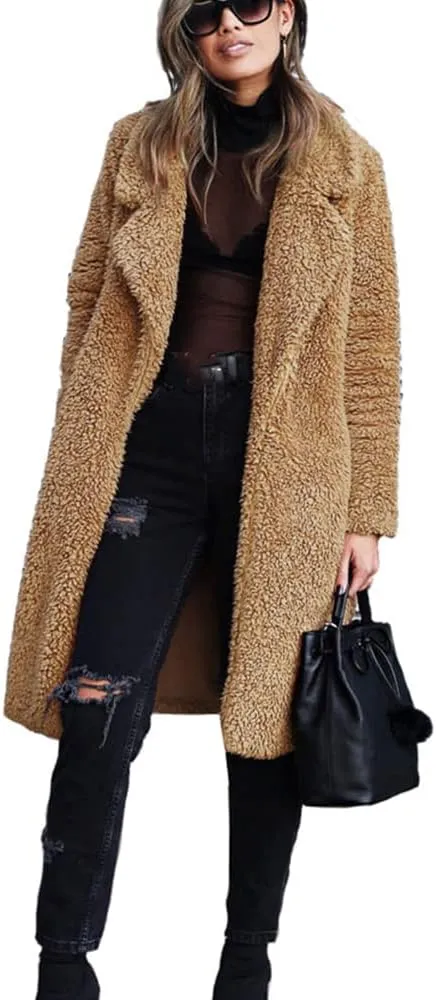Women's Fuzzy Fleece Jackets Open Front Long Cardigan Casual Lapel Trench Coats Faux Fur Warm Coats Winter Coats