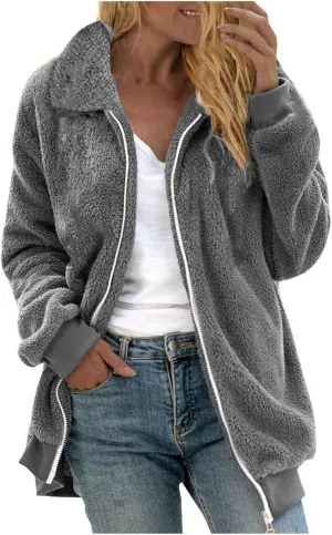 Womens Fuzzy Fleece Open Front Cardigan Jacket Oversized Long Sleeve Lapel Sherpa Warm Teddy Coat With Pockets