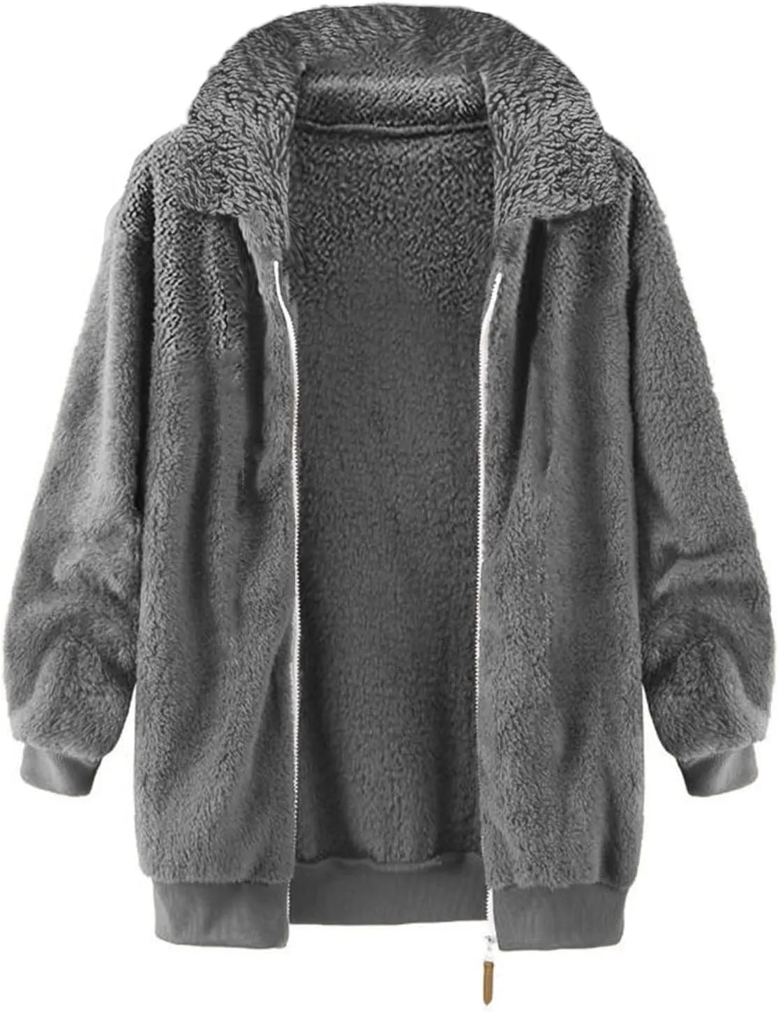 Womens Fuzzy Fleece Open Front Cardigan Jacket Oversized Long Sleeve Lapel Sherpa Warm Teddy Coat With Pockets