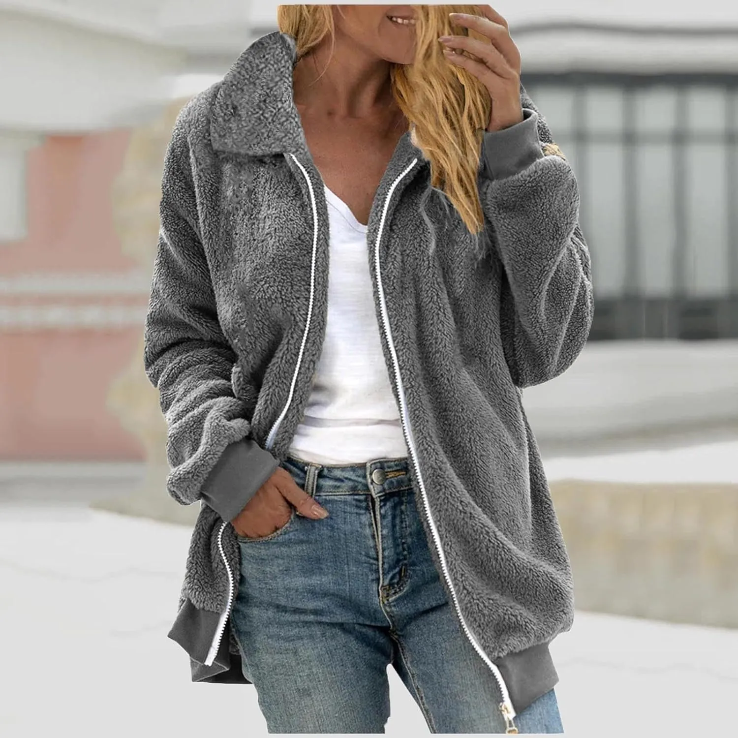 Womens Fuzzy Fleece Open Front Cardigan Jacket Oversized Long Sleeve Lapel Sherpa Warm Teddy Coat With Pockets