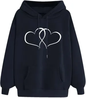 Women's Graphic Hoodies Heart Print Drawstring Long Sleeve Pocket Sweatshirt Oversized Fleece Pullover Tops