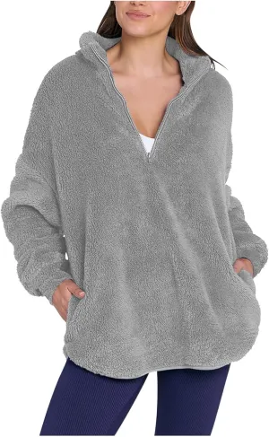 Womens Half Zip Sherpa Pullover Fuzzy Fleece Oversized Sweatshirts Long Sleeve Winter Warm Outerwear With Pockets