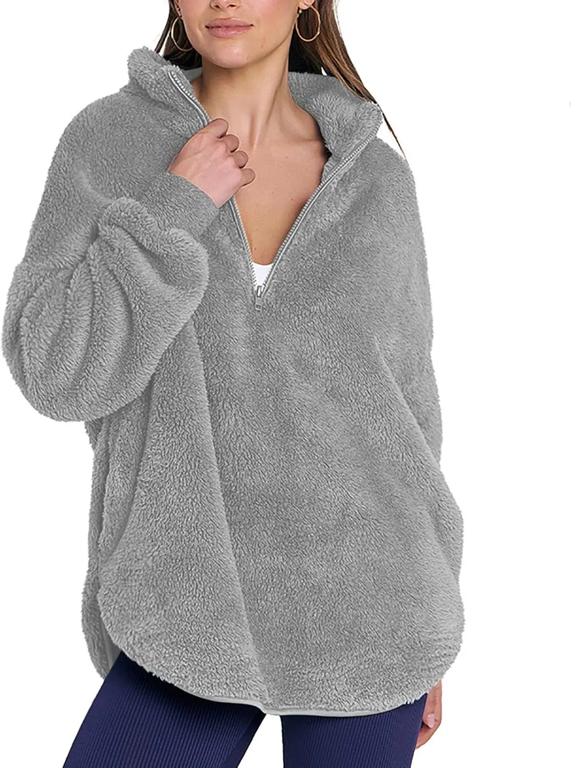 Womens Half Zip Sherpa Pullover Fuzzy Fleece Oversized Sweatshirts Long Sleeve Winter Warm Outerwear With Pockets