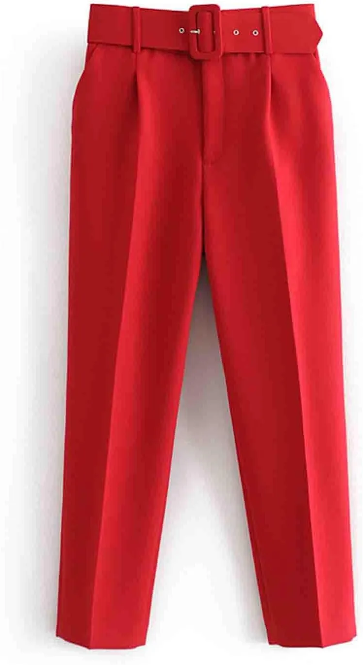 Women's High Waist Slim Fit Cropped Pants Straight Leg Suits Trousers Casual Work Office Slacks Dress Pants with Belt