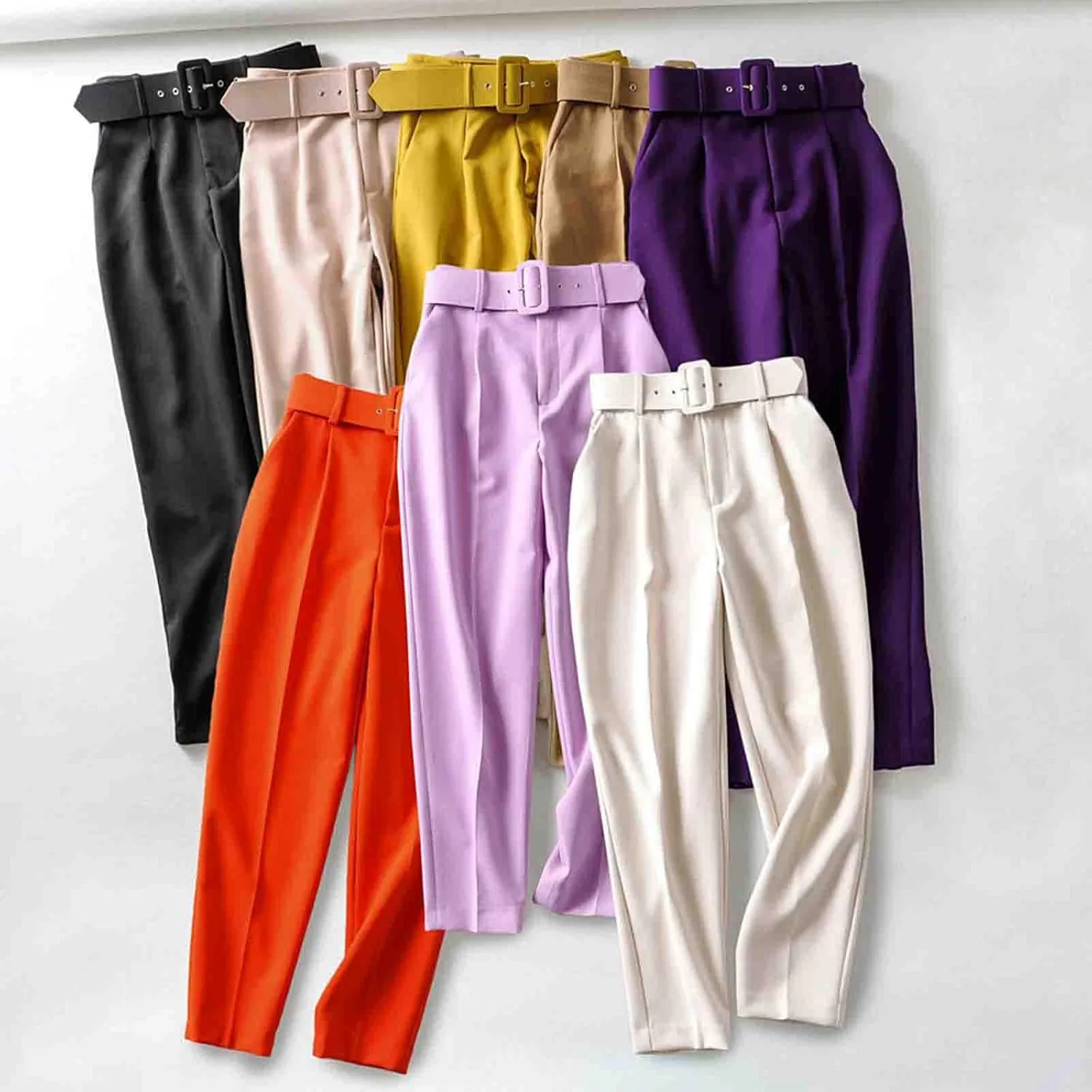 Women's High Waist Slim Fit Cropped Pants Straight Leg Suits Trousers Casual Work Office Slacks Dress Pants with Belt