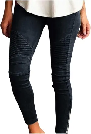 Women's High Waisted Slim Leg Stretch Jean Style Ankle Zipper Pull On Skinny Pants with Pockets for Work