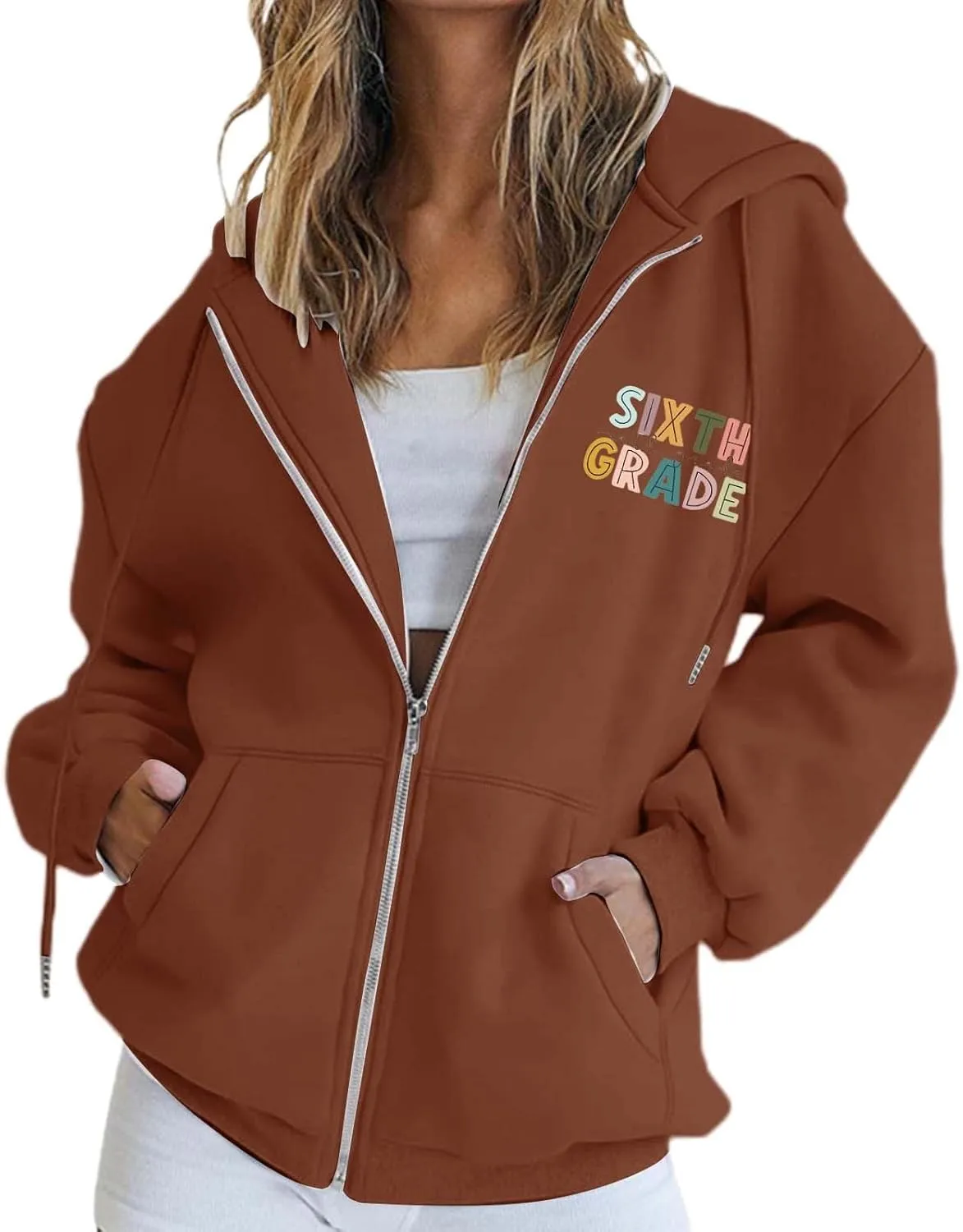 Womens Hoodies Letter Print Drawstring Long Sleeve Hooded Sweatshirt Autumn Casual Coat Zip Up Jackets with Pocketes