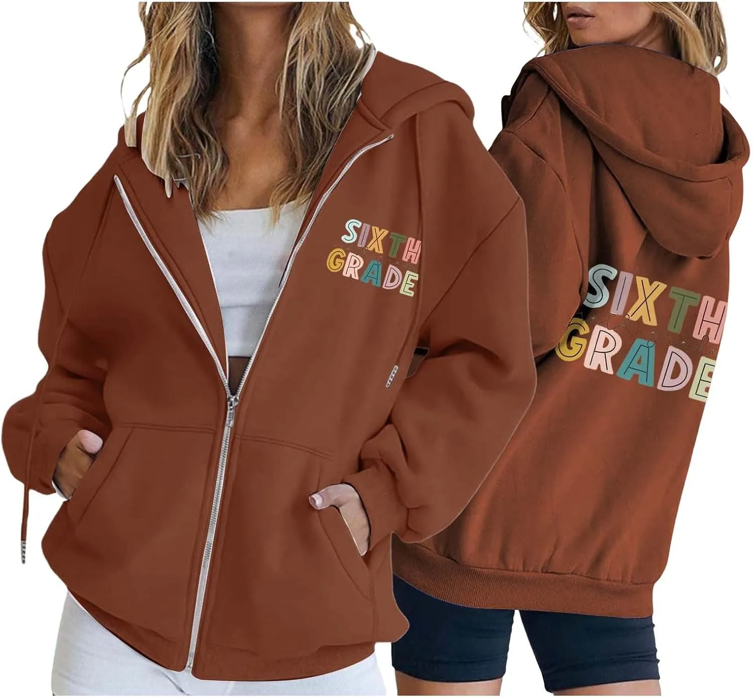Womens Hoodies Letter Print Drawstring Long Sleeve Hooded Sweatshirt Autumn Casual Coat Zip Up Jackets with Pocketes
