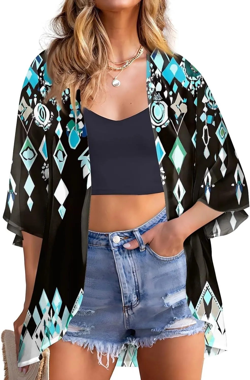 Womens Kimono Cardigans Beach Cover ups Swimwear Puff Sleeve Loose Casual Summer Tops