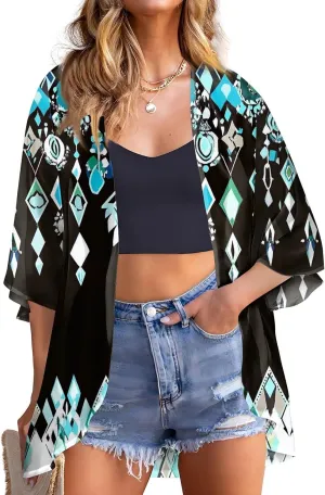 Womens Kimono Cardigans Beach Cover ups Swimwear Puff Sleeve Loose Casual Summer Tops