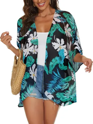 Womens Kimono Cardigans Beach Cover ups Swimwear Puff Sleeve Loose Casual Summer Tops