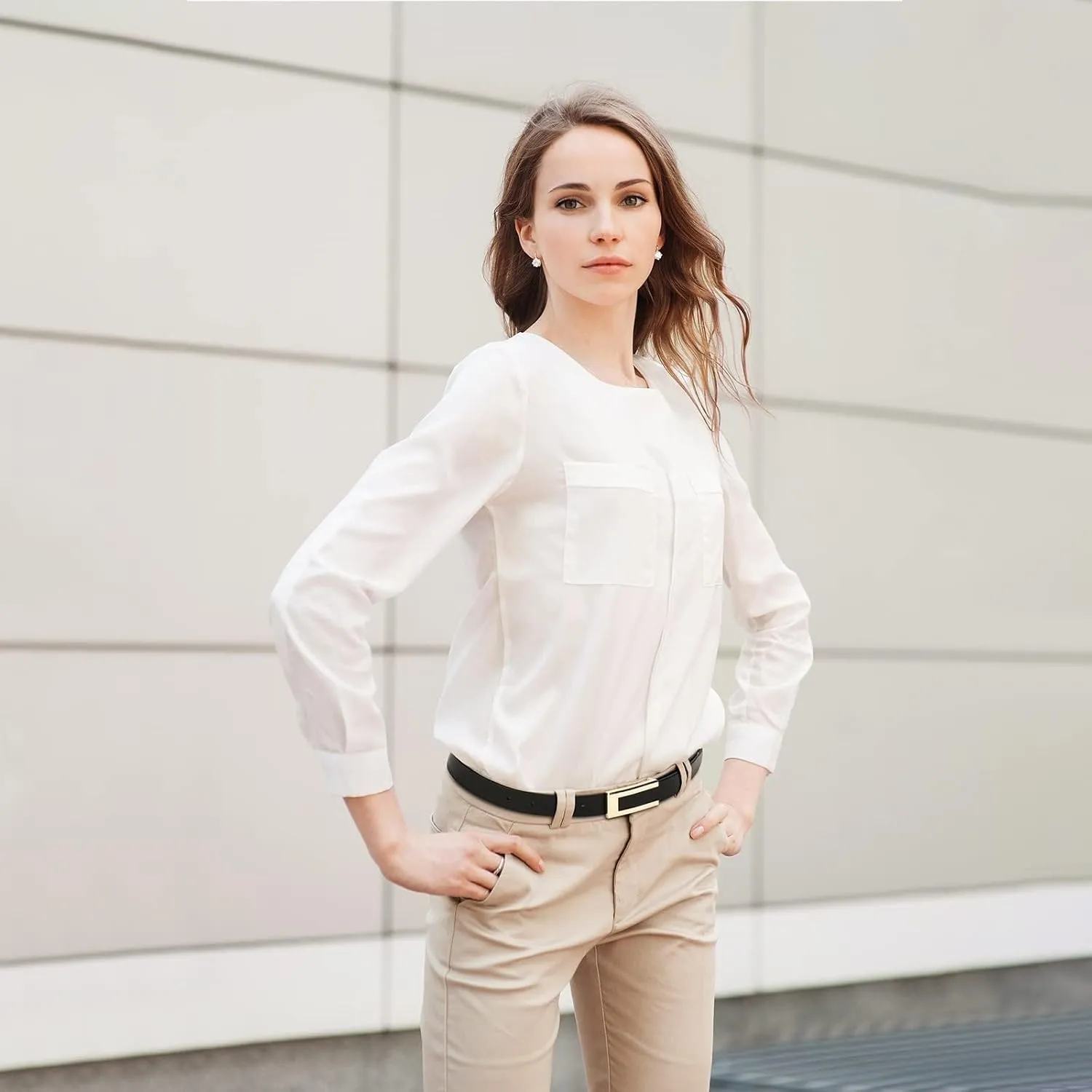 Womens Leather Belt Skinny Waist Belt for Dresses Jeans Pants with Gold Buckle
