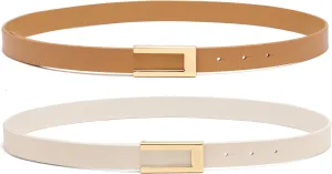 Womens Leather Belt Skinny Waist Belt for Dresses Jeans Pants with Gold Buckle
