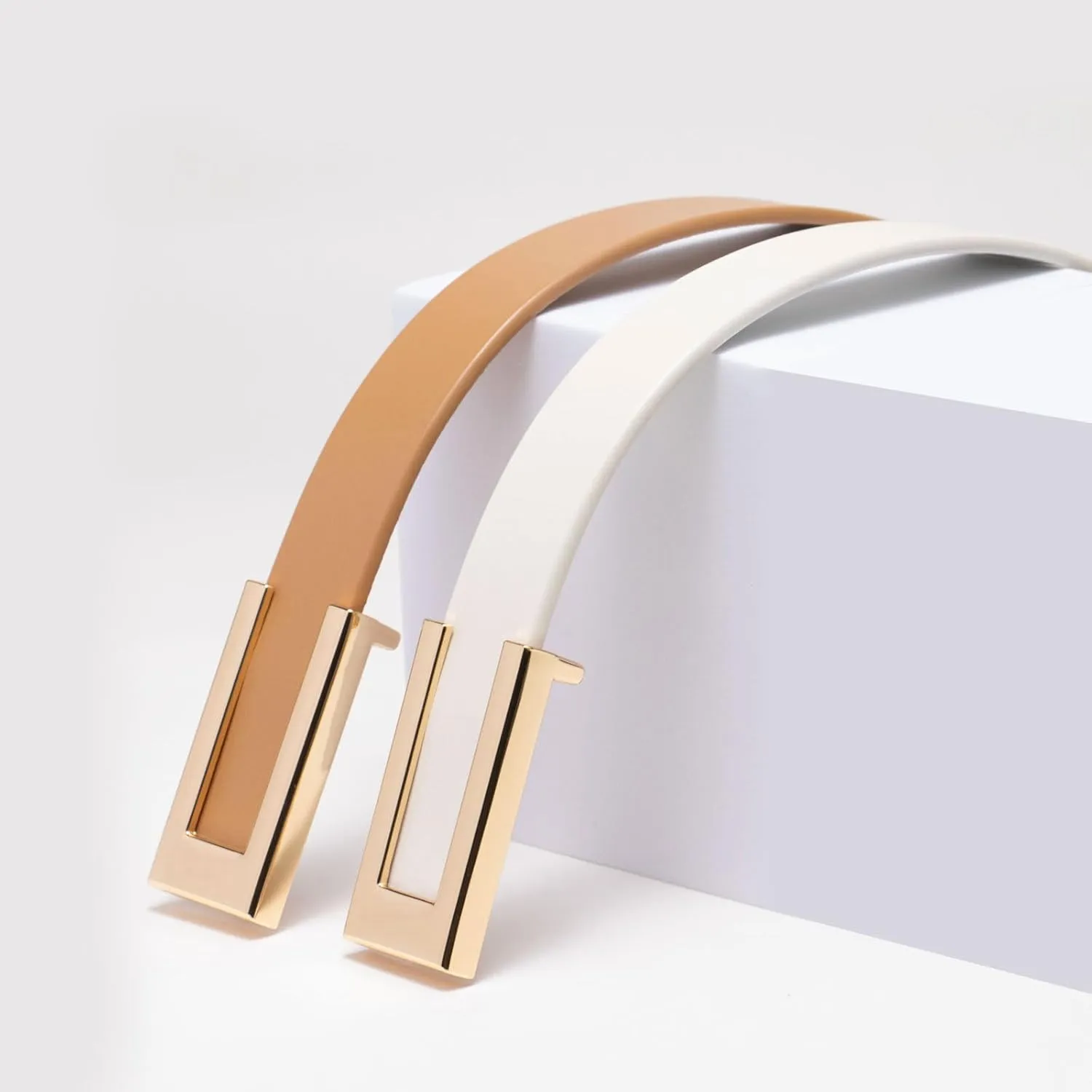 Womens Leather Belt Skinny Waist Belt for Dresses Jeans Pants with Gold Buckle