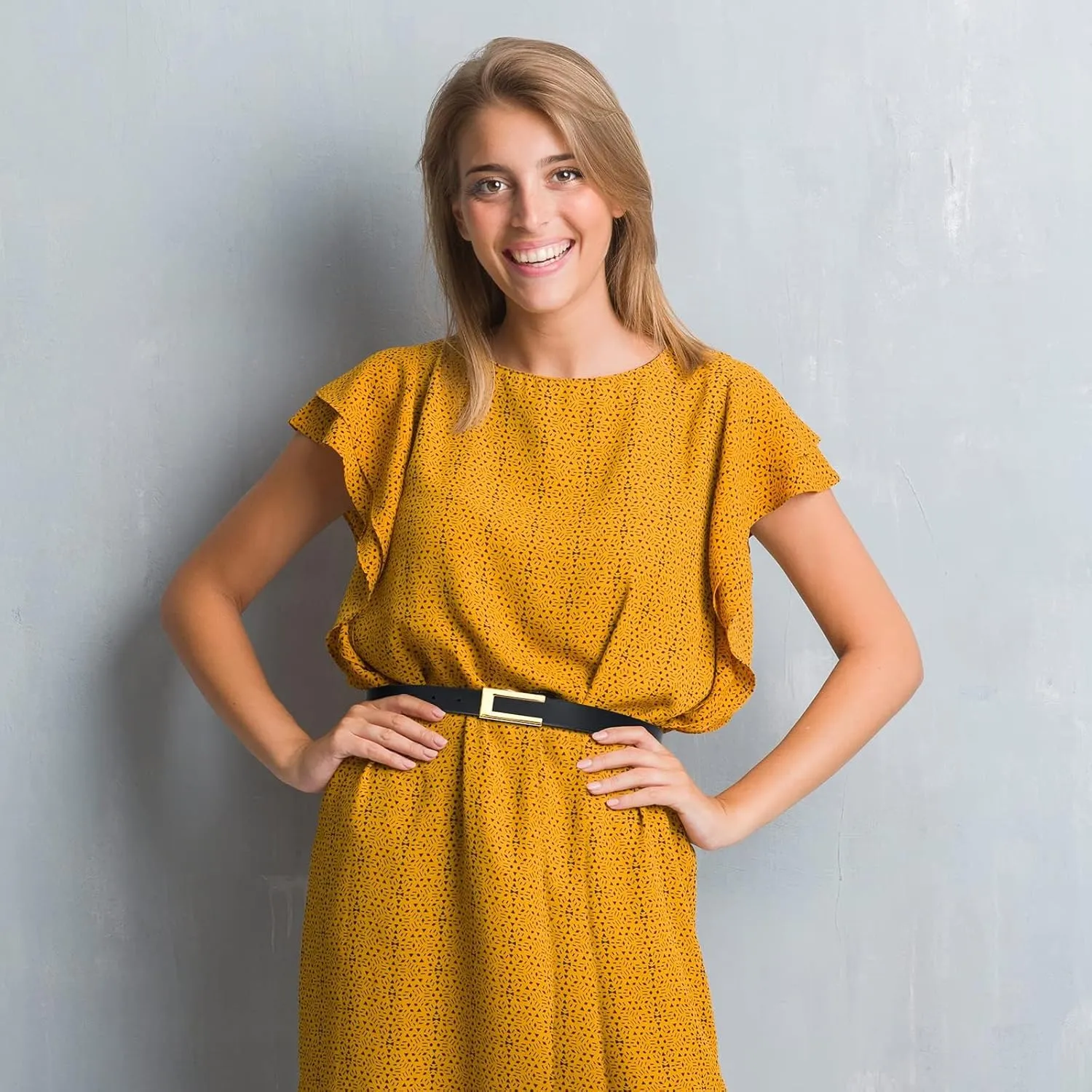 Womens Leather Belt Skinny Waist Belt for Dresses Jeans Pants with Gold Buckle