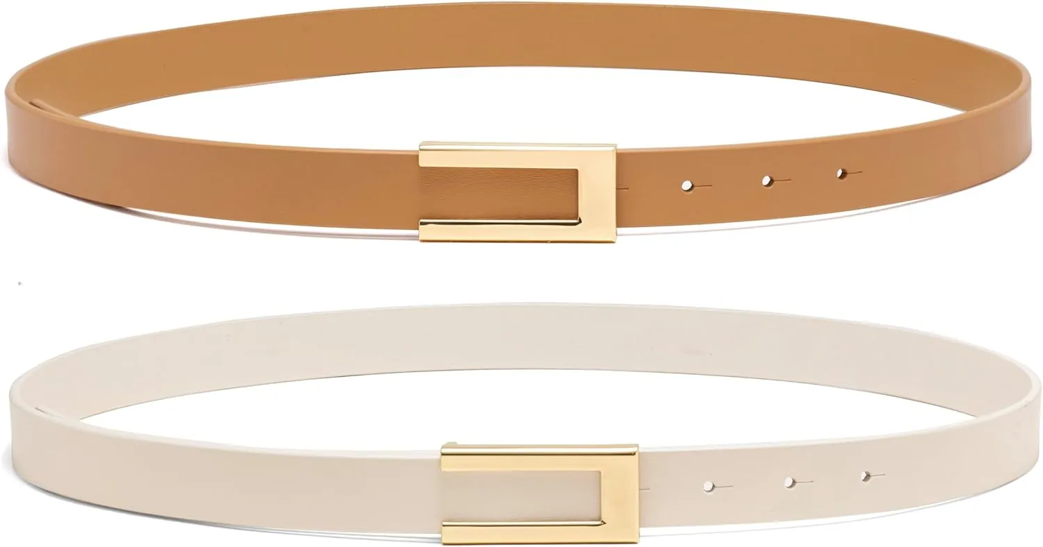 Womens Leather Belt Skinny Waist Belt for Dresses Jeans Pants with Gold Buckle