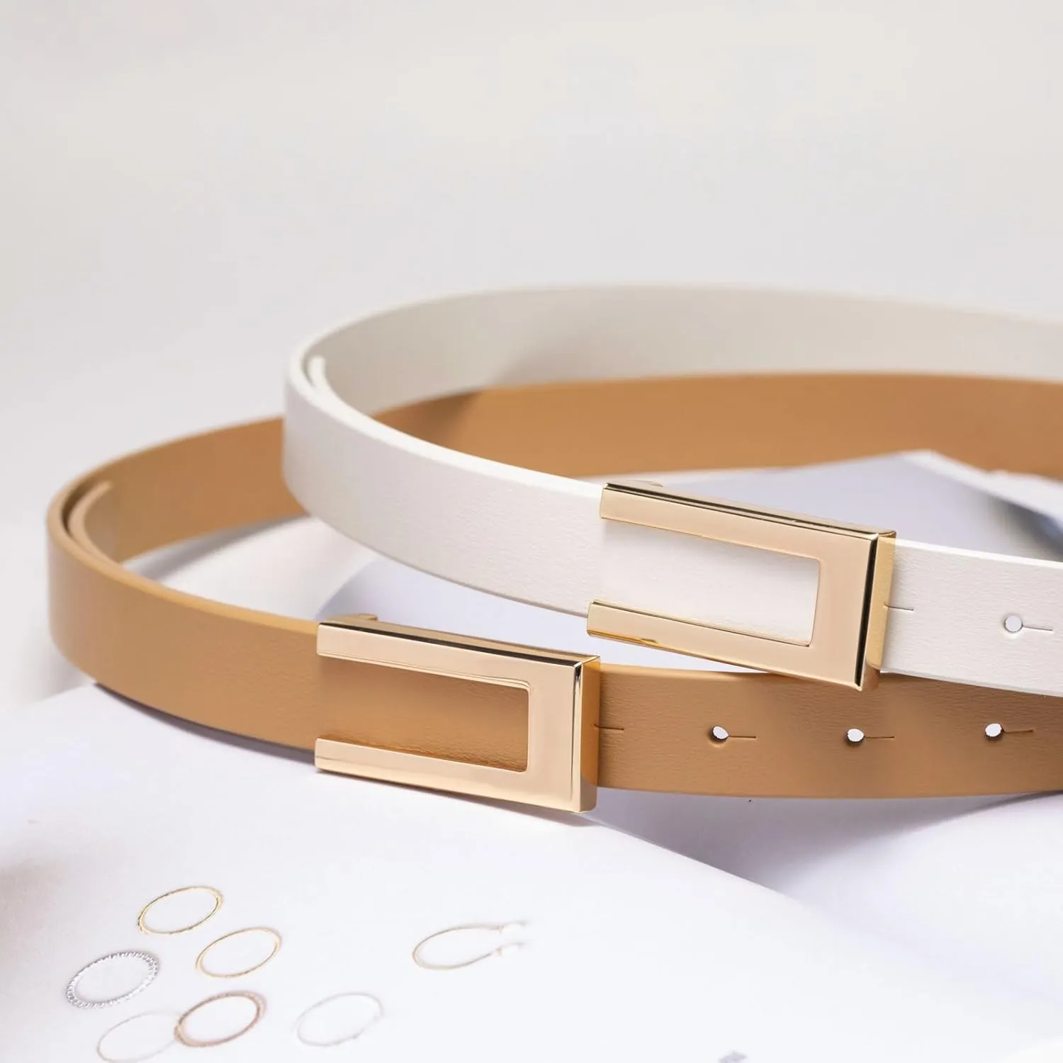 Womens Leather Belt Skinny Waist Belt for Dresses Jeans Pants with Gold Buckle
