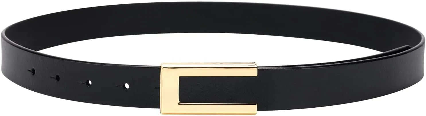 Womens Leather Belt Skinny Waist Belt for Dresses Jeans Pants with Gold Buckle