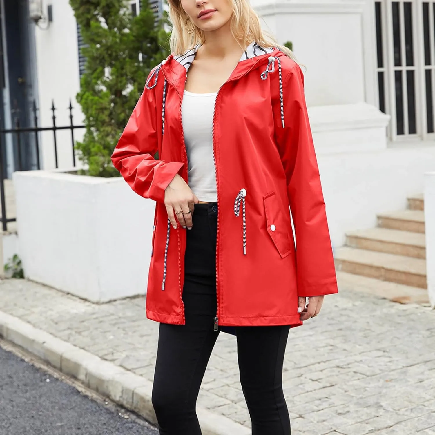 Women's Lightweight Hooded Waterproof Jacket Long Sleeve Oversized Outdoor Windbreaker Mid-Length Hooded Rain Coat