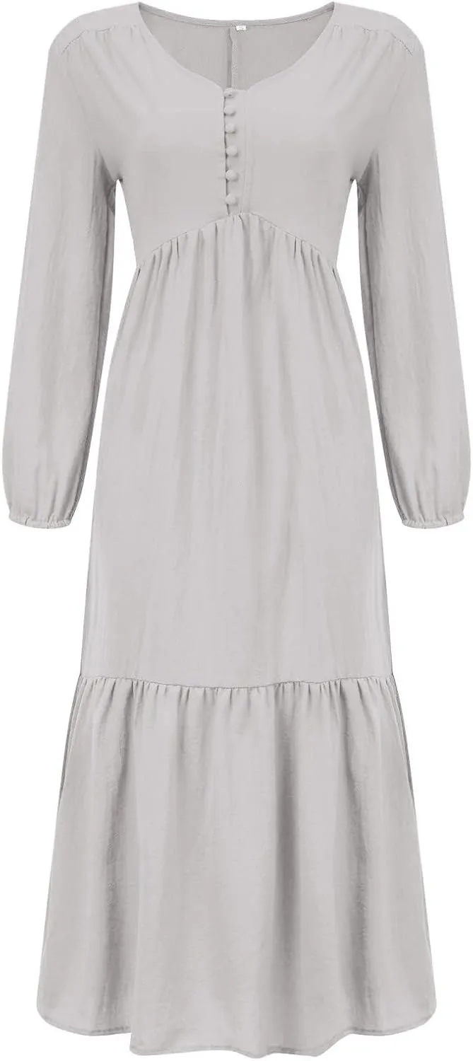 Womens Linen Dresses Casual Loose Button V Neck Pleated Dress Trendy Ruffle Tiered Long Sleeve Maxi Dress