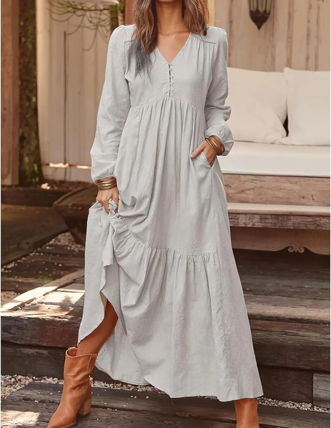 Womens Linen Dresses Casual Loose Button V Neck Pleated Dress Trendy Ruffle Tiered Long Sleeve Maxi Dress