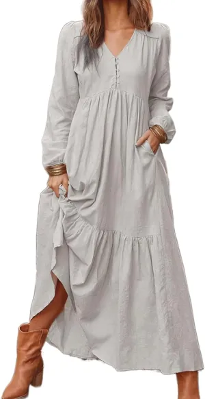 Womens Linen Dresses Casual Loose Button V Neck Pleated Dress Trendy Ruffle Tiered Long Sleeve Maxi Dress