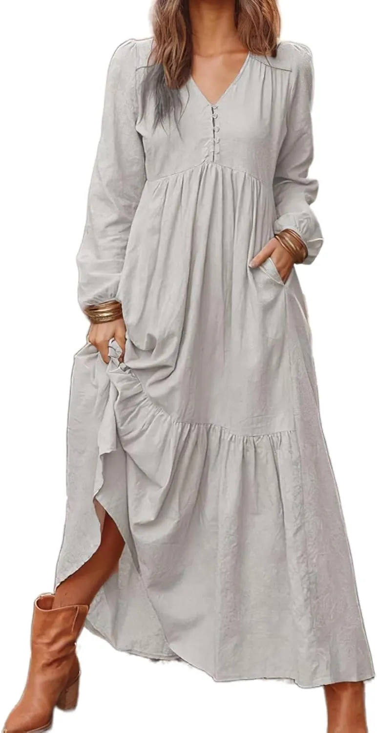 Womens Linen Dresses Casual Loose Button V Neck Pleated Dress Trendy Ruffle Tiered Long Sleeve Maxi Dress