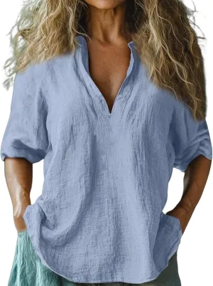 Womens Linen Shirts 3/4 Sleeve V Neck Plain T Shirts Summer Trendy Loose Fit Casual Tops Gauze Boho Blouses