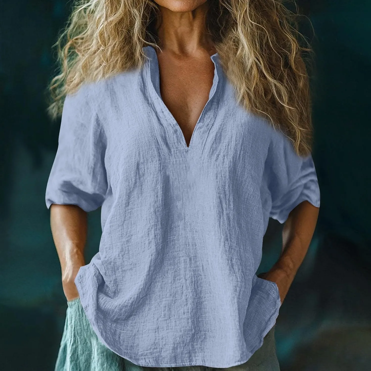 Womens Linen Shirts 3/4 Sleeve V Neck Plain T Shirts Summer Trendy Loose Fit Casual Tops Gauze Boho Blouses
