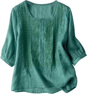 Womens Linen Shirts Summer Linen Bohemian Long Sleeve T-Shirts Casual Plus Size Lightweight Round Neck Tshirts