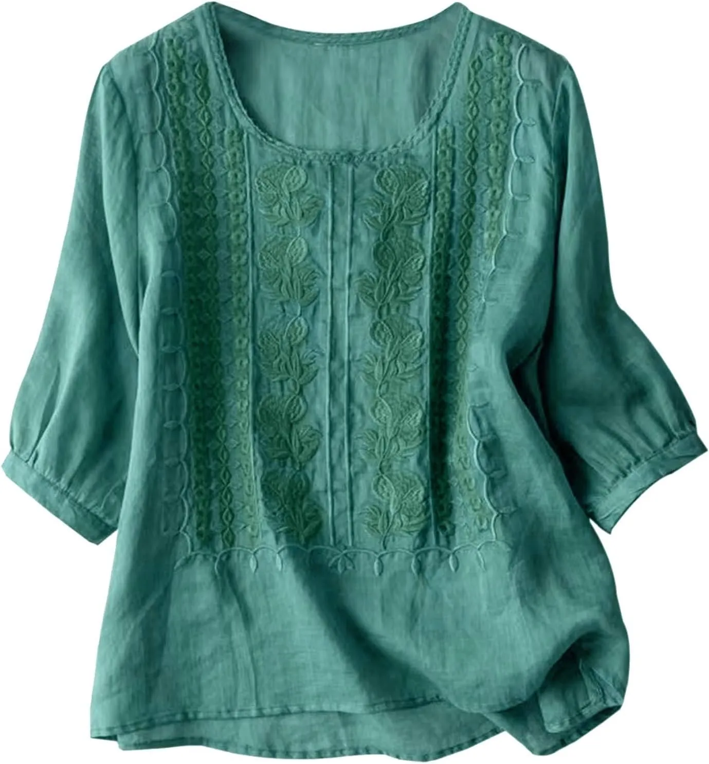 Womens Linen Shirts Summer Linen Bohemian Long Sleeve T-Shirts Casual Plus Size Lightweight Round Neck Tshirts