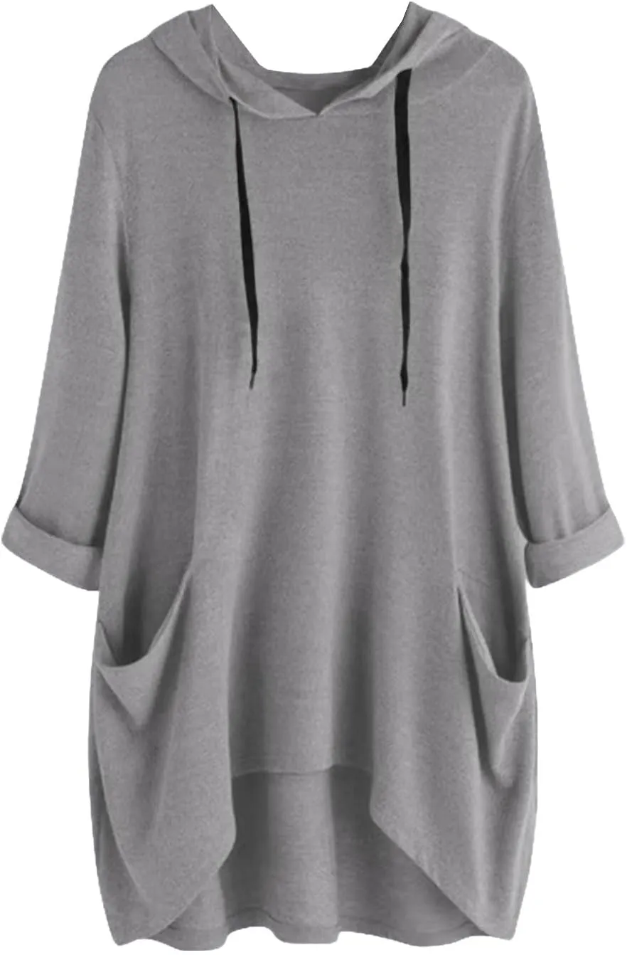 Women's Long Pattern Hooded Sweatshirt Oversized Solid Color Texture Pullover Tops Trendy Lightweight Loose Fit Dress