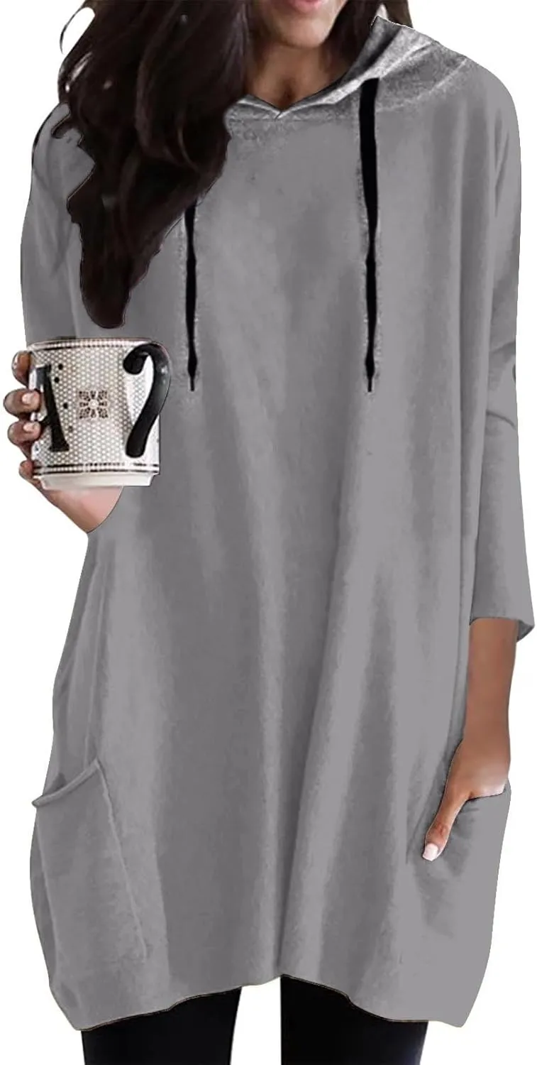 Women's Long Pattern Hooded Sweatshirt Oversized Solid Color Texture Pullover Tops Trendy Lightweight Loose Fit Dress