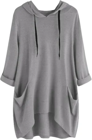 Women's Long Pattern Hooded Sweatshirt Oversized Solid Color Texture Pullover Tops Trendy Lightweight Loose Fit Dress