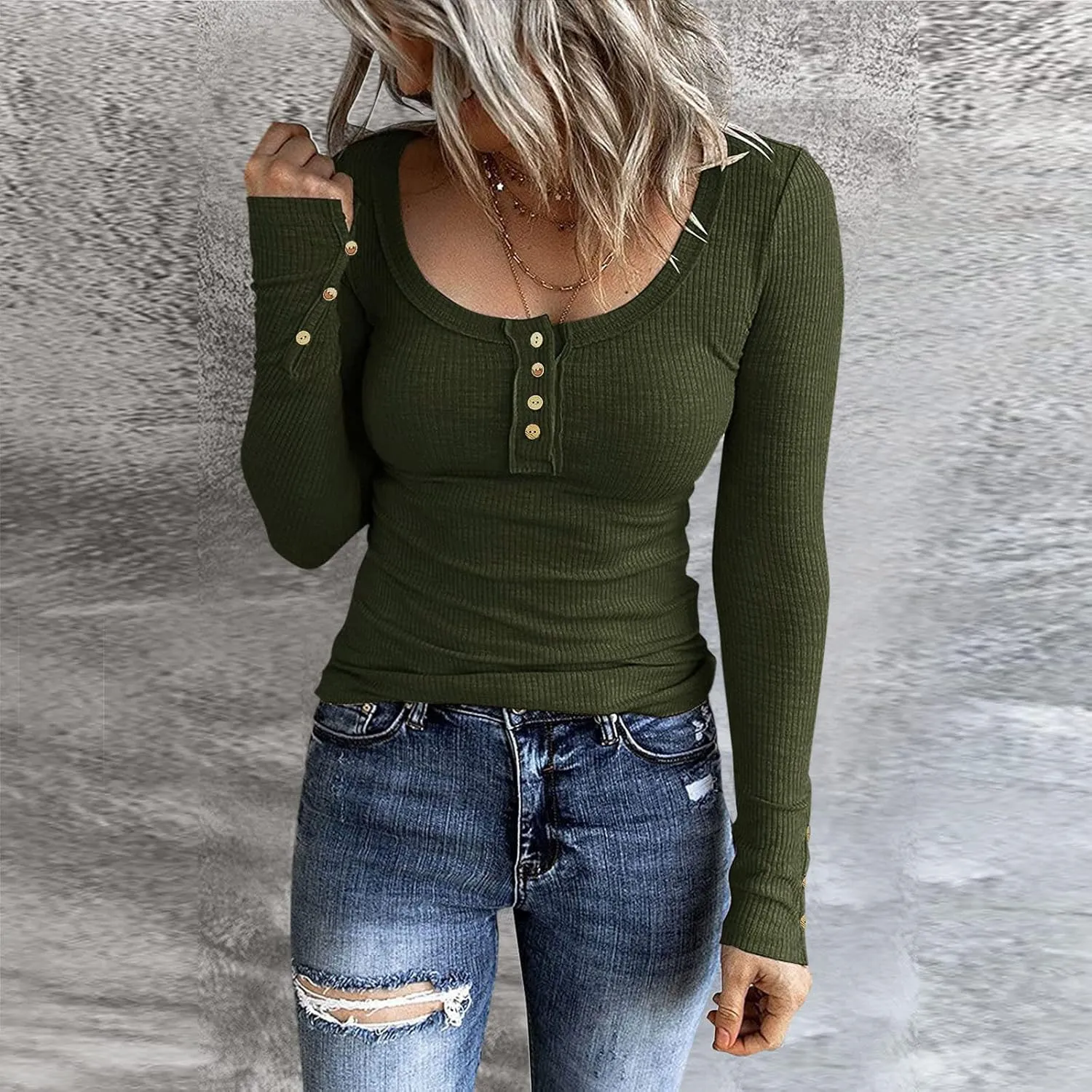 Womens Long Sleeve Henley Shirts 2024 Fall Fashion U Neck Basic Button Up Shirts Casual Comfy Slim Fit Pullover Tops