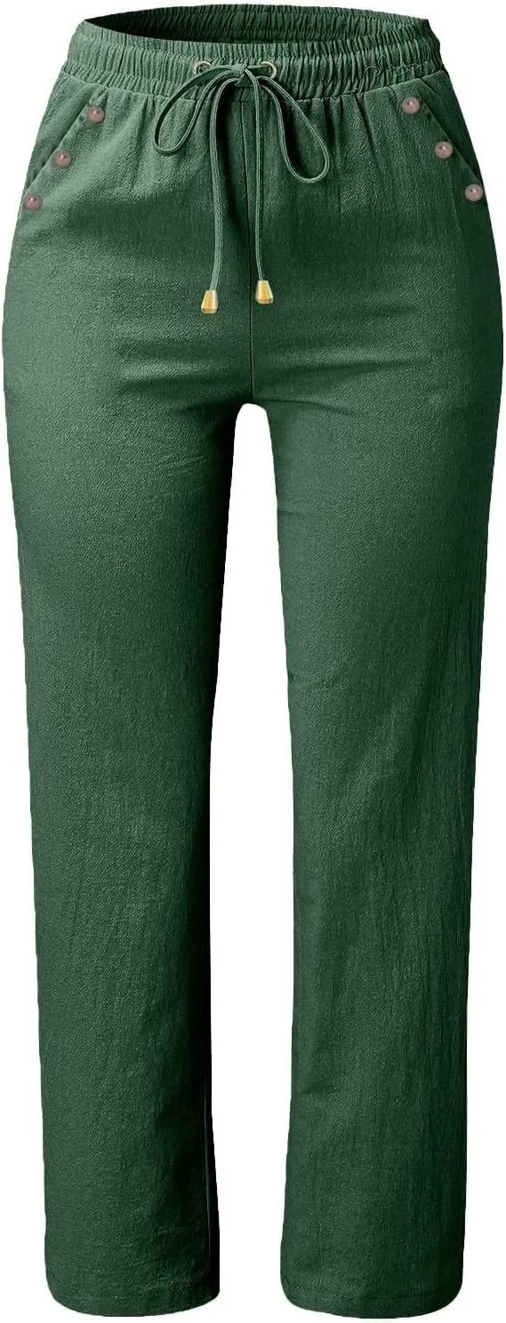 Womens Loose Straight Leg Linen Pants Lightweight Summer High Waist Trousers Drawstring Casual Work Sports Pant Plus
