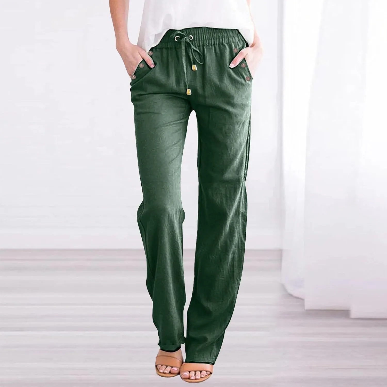 Womens Loose Straight Leg Linen Pants Lightweight Summer High Waist Trousers Drawstring Casual Work Sports Pant Plus