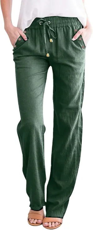 Womens Loose Straight Leg Linen Pants Lightweight Summer High Waist Trousers Drawstring Casual Work Sports Pant Plus