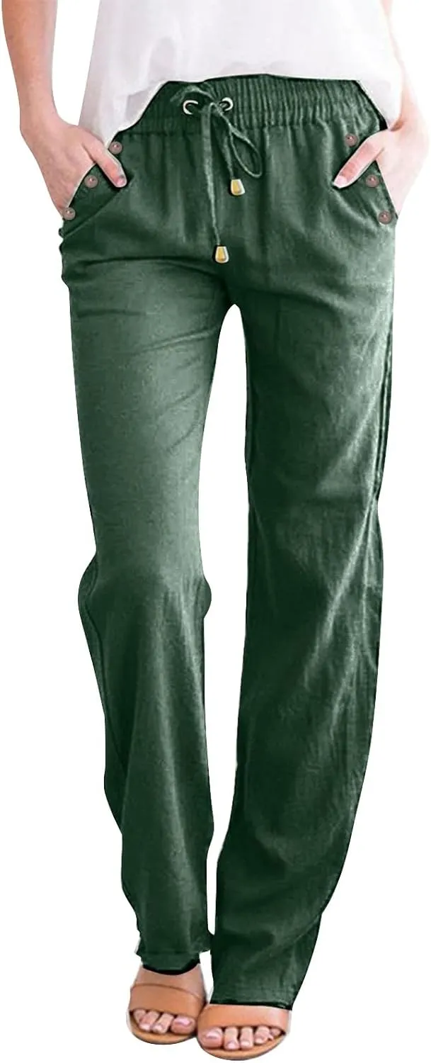 Womens Loose Straight Leg Linen Pants Lightweight Summer High Waist Trousers Drawstring Casual Work Sports Pant Plus