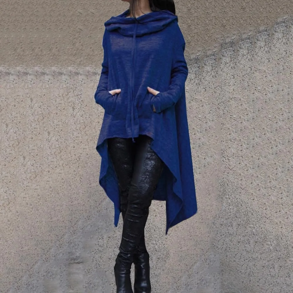 Women's Novelty Cowl Neck Sweatshirts Flowy Asymmetrical Hem Solid Hoodies Preppy Thumb Hole Oversized Pullover