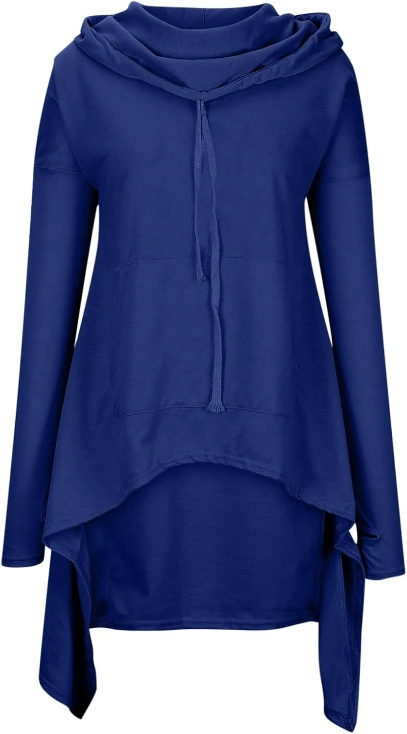 Women's Novelty Cowl Neck Sweatshirts Flowy Asymmetrical Hem Solid Hoodies Preppy Thumb Hole Oversized Pullover