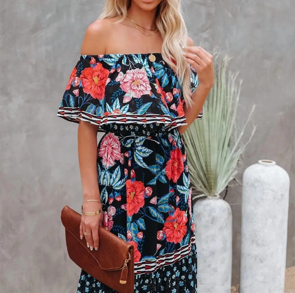 Womens Off Shoulder Boho Floral Maxi Dress 2025 Belted Cinched Waist A-line Dresses Summer Vacation Beach Outfits for Women